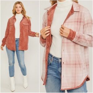 Women's Dusty Rose Pink Corduroy and Plaid Reversible Button-Up Shacket